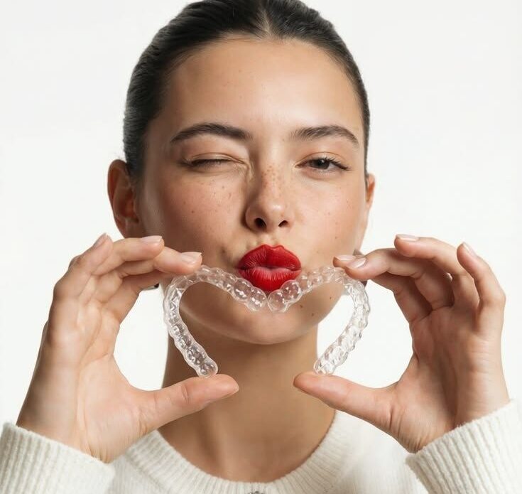 Patient holding a clear removable dental retainer