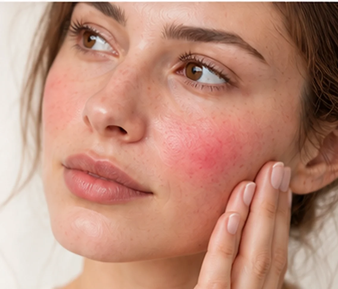 Close-up portrait illustrating facial skin redness