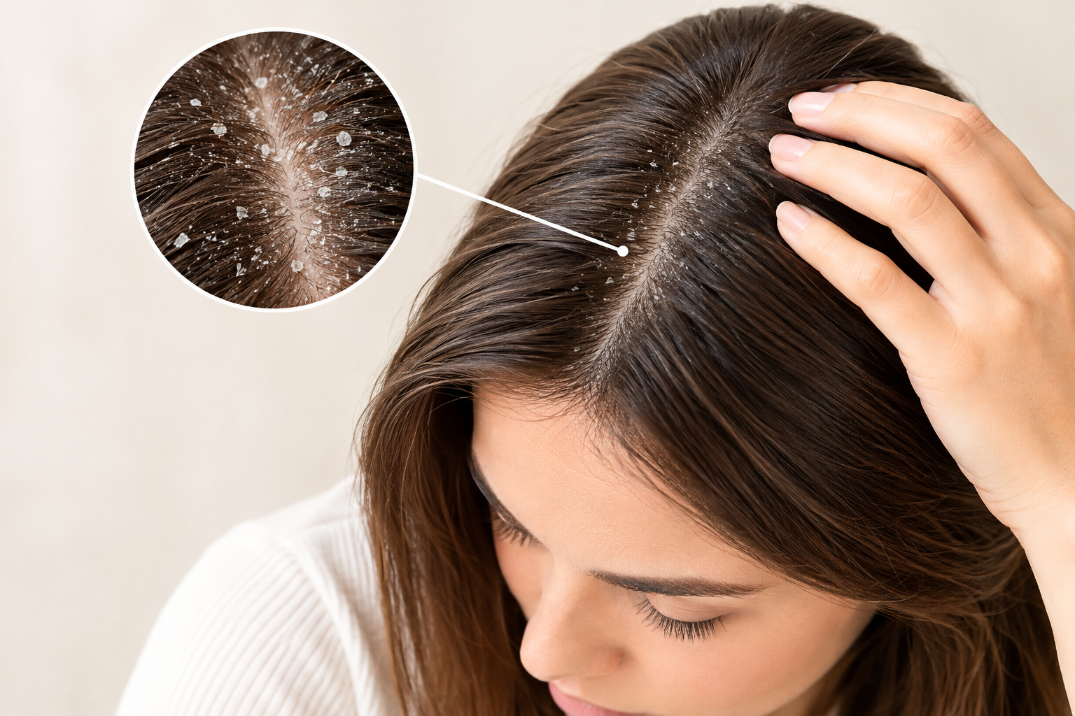 Close-up hair and scalp for dandruff treatment information