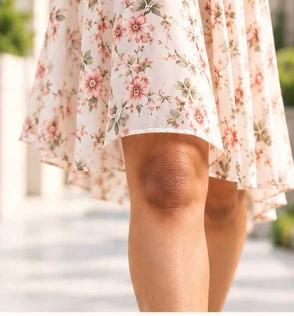 Woman in a floral skirt with naturally darker pigmentation around the knees