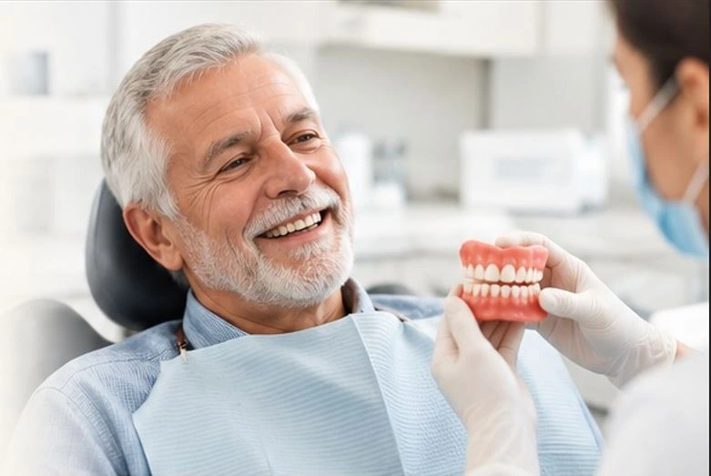 Older adult discussing removable dentures with a dental professional