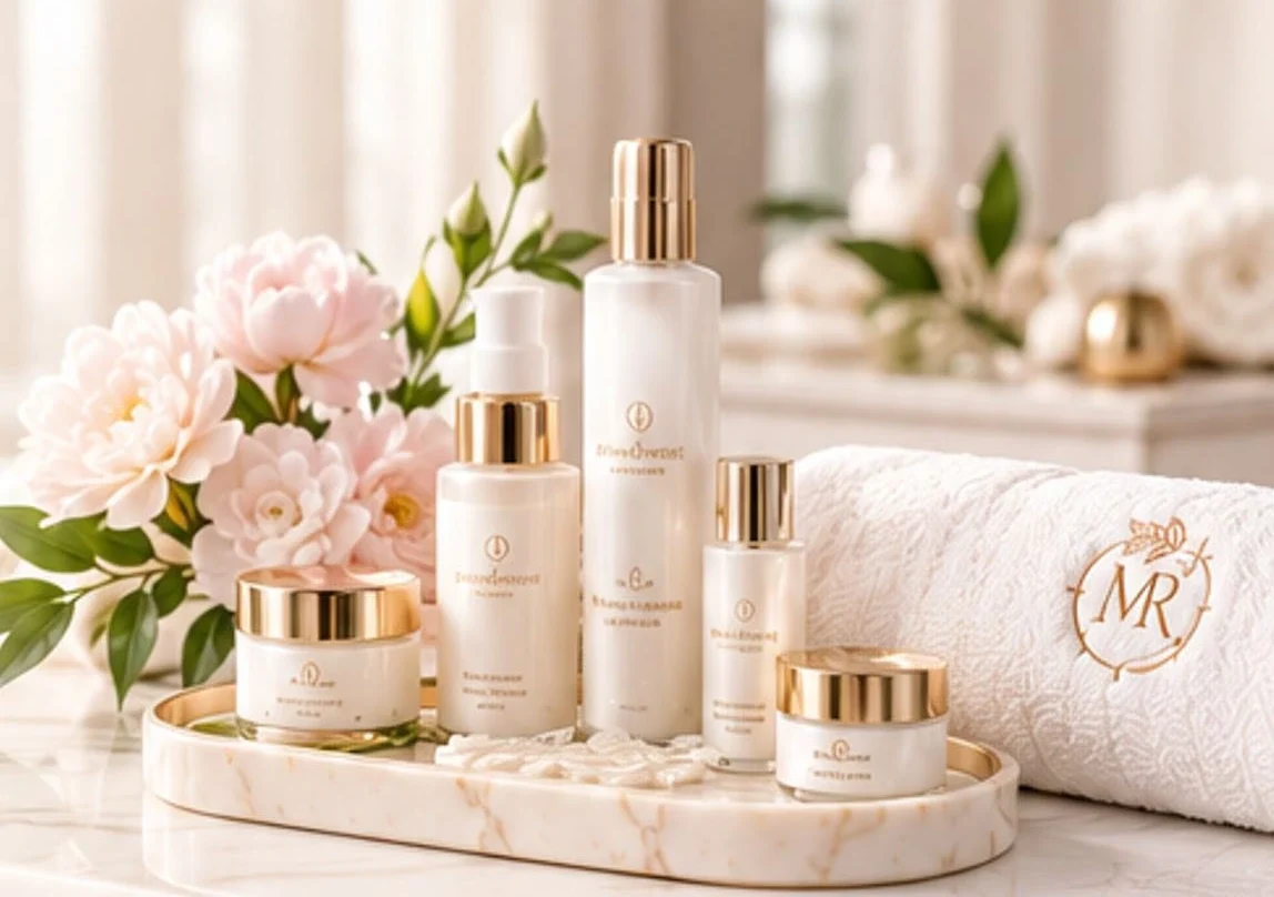 Skincare products in a luxury facial treatment setting