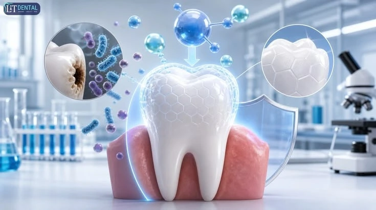 Dentist applying a professional fluoride treatment to a patient
