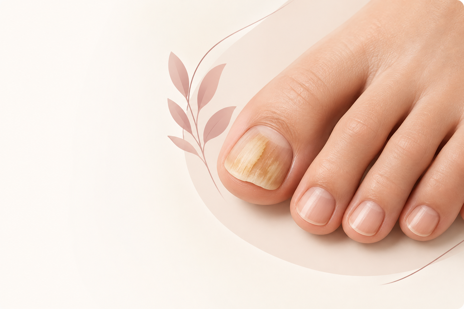 Close-up of toes with one discoloured toenail, in soft cream and rose tones