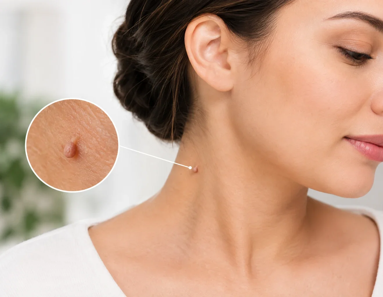 Clinical close-up of skin tags on the neck
